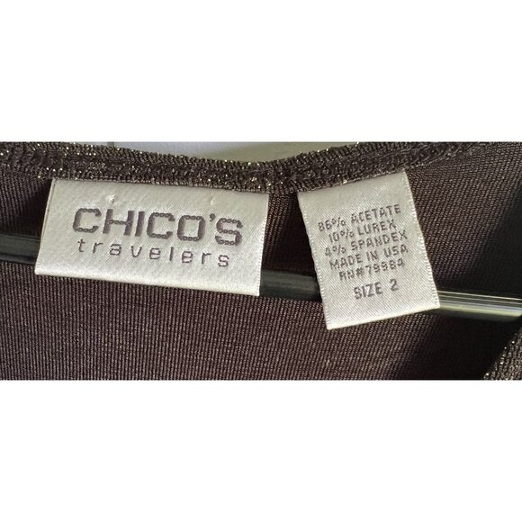 Chicos Travelers Womens Brown Sparkly Gold V-Neck Top Size 2 Holiday Large - Picture 6 of 6